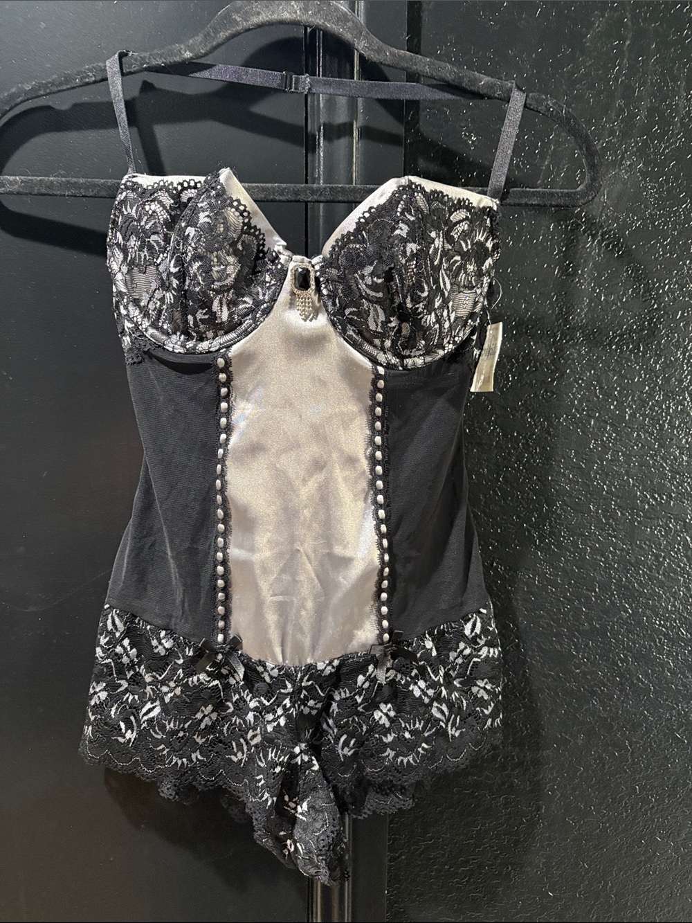 Frederick's of Hollywood Black and Silver Lace Bustier body suit Vintage NWT
